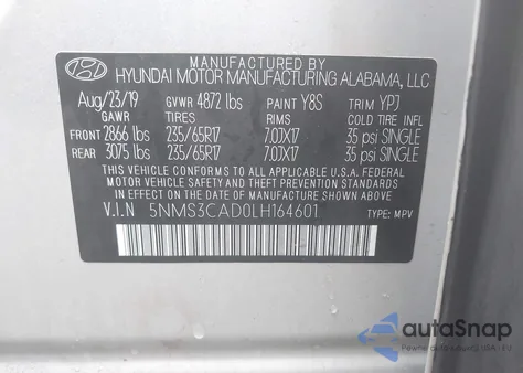 2020 Hyundai Santa Fe Sel from USA, damaged, VIN 5NMS3CADOLH164601